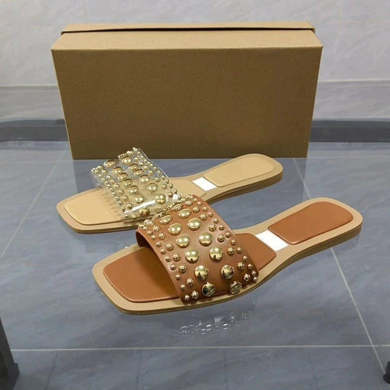 Pre Order:  Square Toe Rubber Rivet Square Toe Flat Sandals