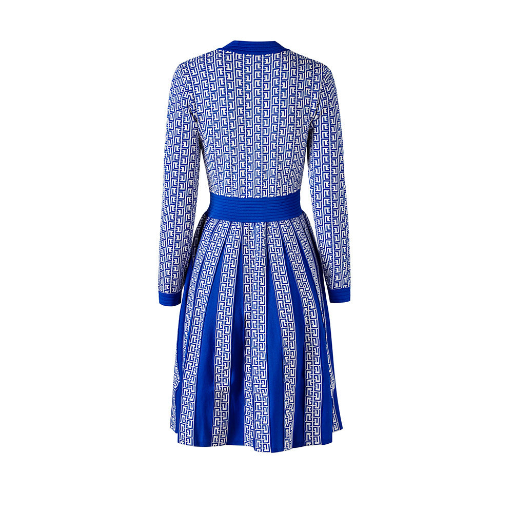 Pre Order:  Geometric Pattern Knitted Long-Sleeved Pleated Skirt