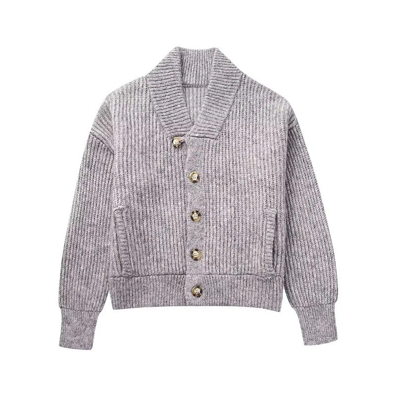 Pre Order:  Knitted V-Neck Cardigan Gray Bomber Jacket