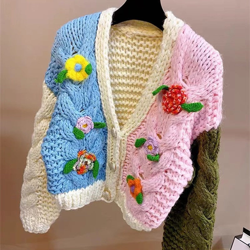 Pre Order:  Color Block Rod Needle Knitted 3D Hook Flower Cardigan