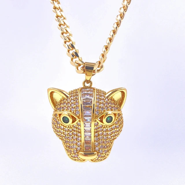 Cubic Zircon Leopard Head Pendant Cuban Chain Necklace