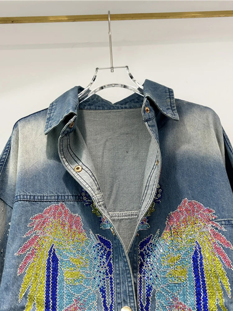 Colorful Diamond Rhinestone Long Sleeved Denim Shirt