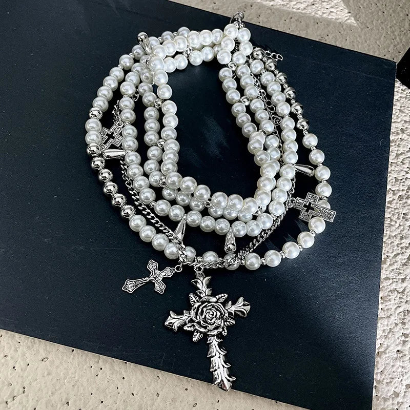 Pre Order:  Rose Cross Faux Pearls Necklace