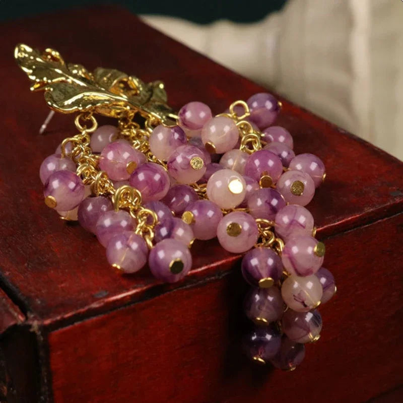 Pre Order:  Medieval Long Tassel Purple Resin Grapes Earrings