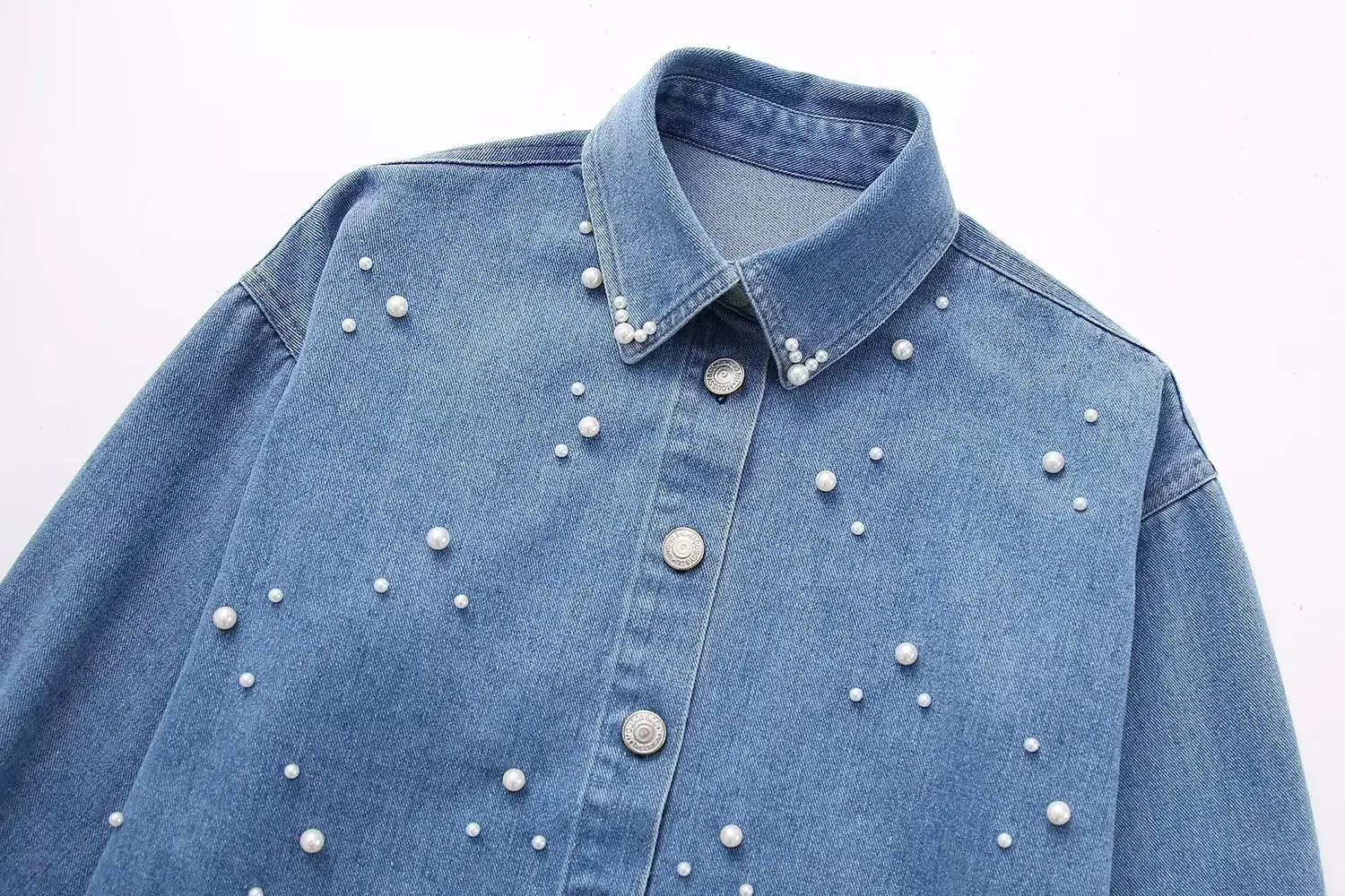 Faux Pearls Beaded Denim Shirt