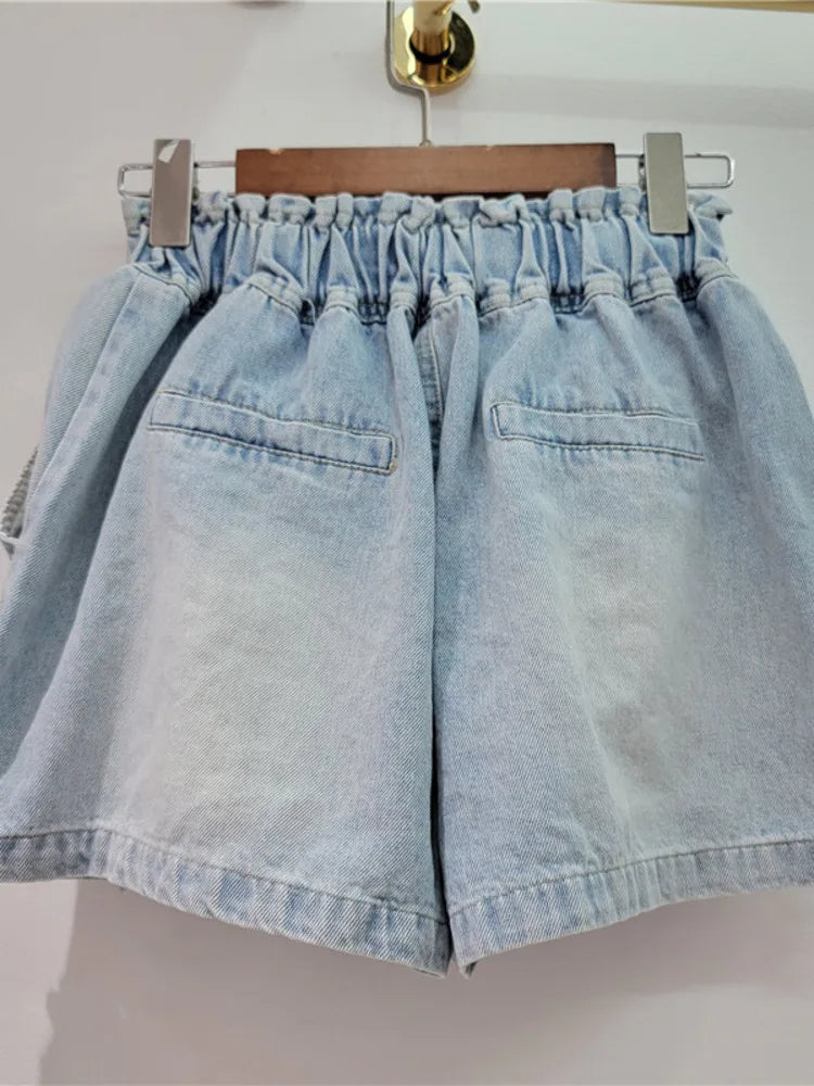 Pre Order:  Handmade Diamond Bead Panel Denim Wide Leg Shorts