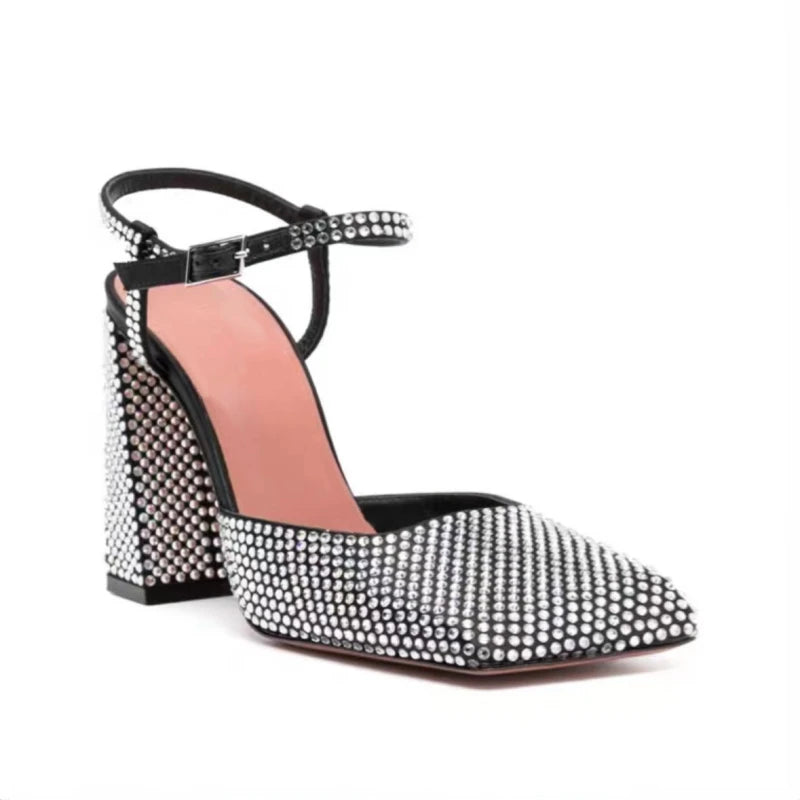 Pre Order:  Rhinestone Chunky Heel Square Toe Sandals