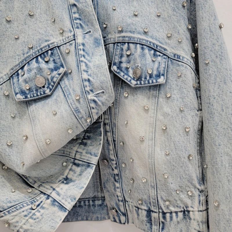 Diamond Embellished Denim Jacket + High Waist A-Line Skirt Set