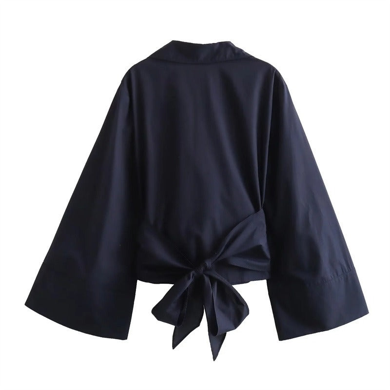 Pre Order: Kimono-Like Collar Back Bow Shirt