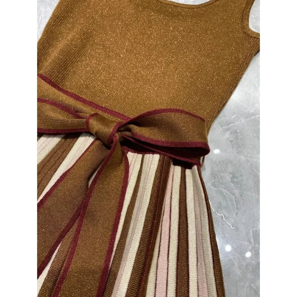 Pre Order:  Brown Halter Knitted Pleated Dress