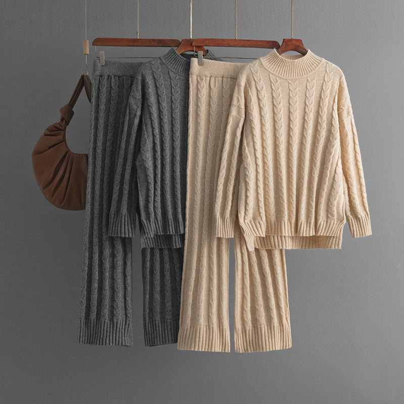 Solid Fried Dough Twists Knit Sweater + Pants Set