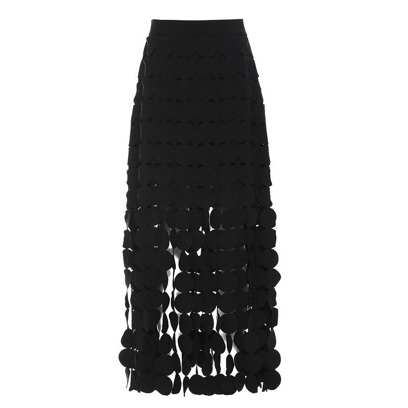 Pre Order:  Black Patchwork Tassel Hollow Out Skirt