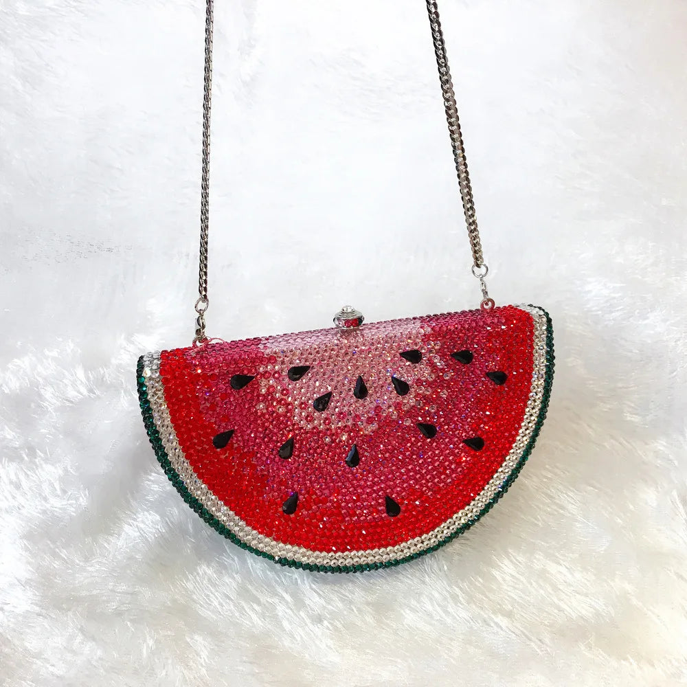 Pre Order:  Watermelon Slice Rhinestones Metal Handbag