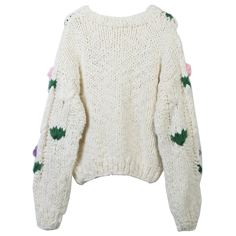 Flower Handmade Loose White Knitted Cardigan