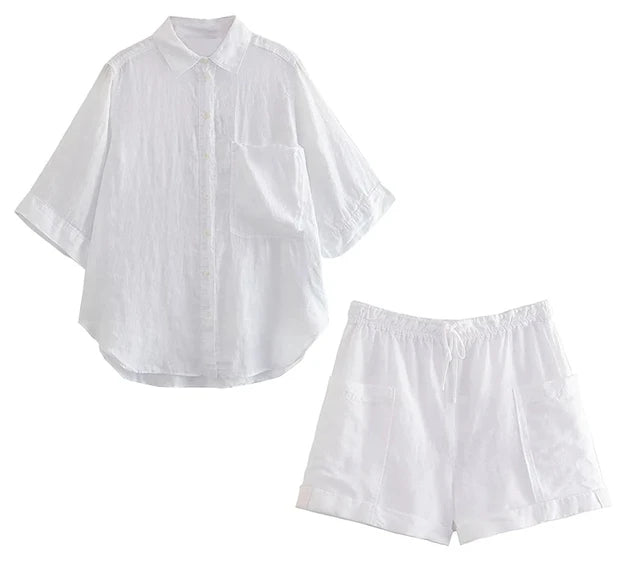 Pre Order:  Cotton Linen Shirt+Shorts Set