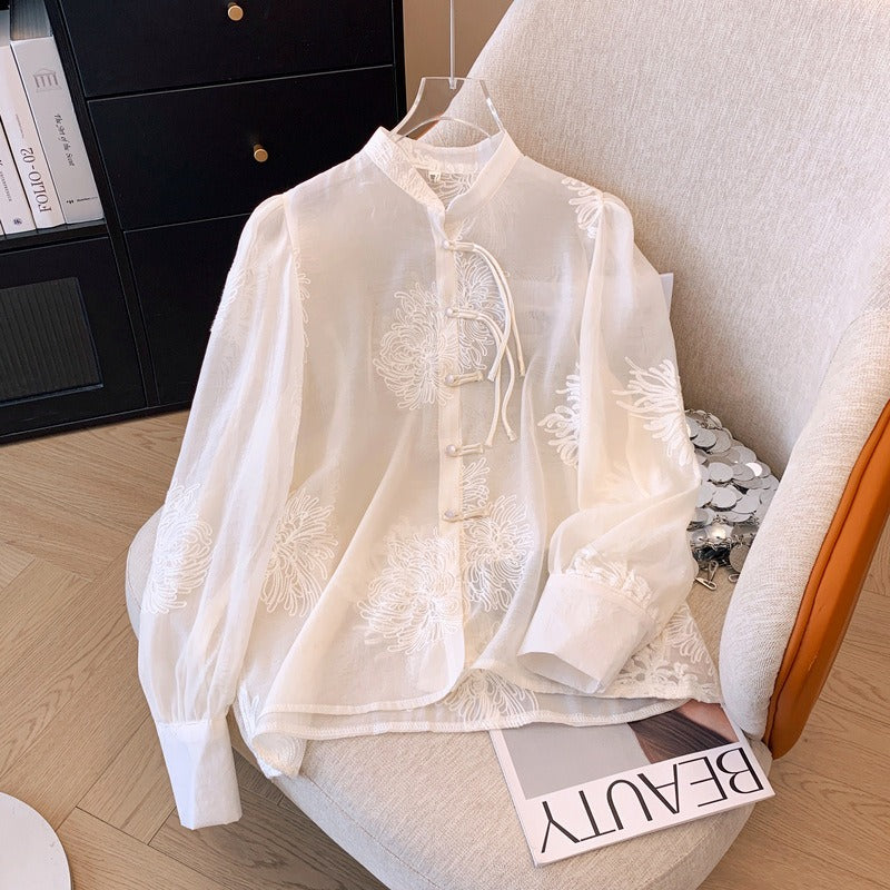 Pre Order:  Casual Solid Embroidered Disc-Button Chiffon Shirt