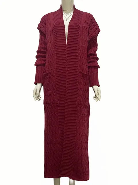 Pre Order:  Ribbed Collar Cableknit Long Cardigan