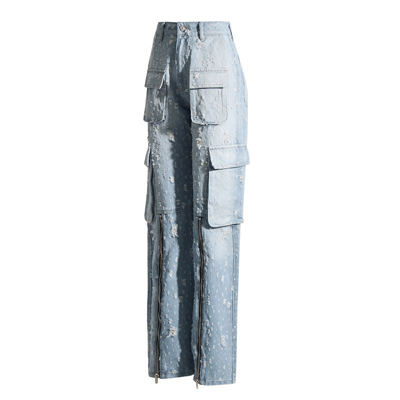 Pre Order: Multi Pocket Distressed Zip Up to Knee Jeans