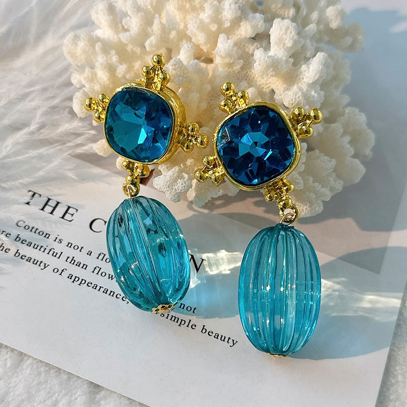 Pre Order:  Retro Blue Geometric Crystal Pendant Earrings