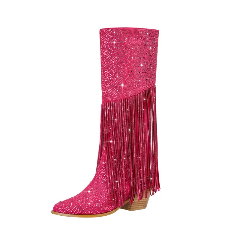 Tassel Rhinestone Chunky Heel Knee Long Boots