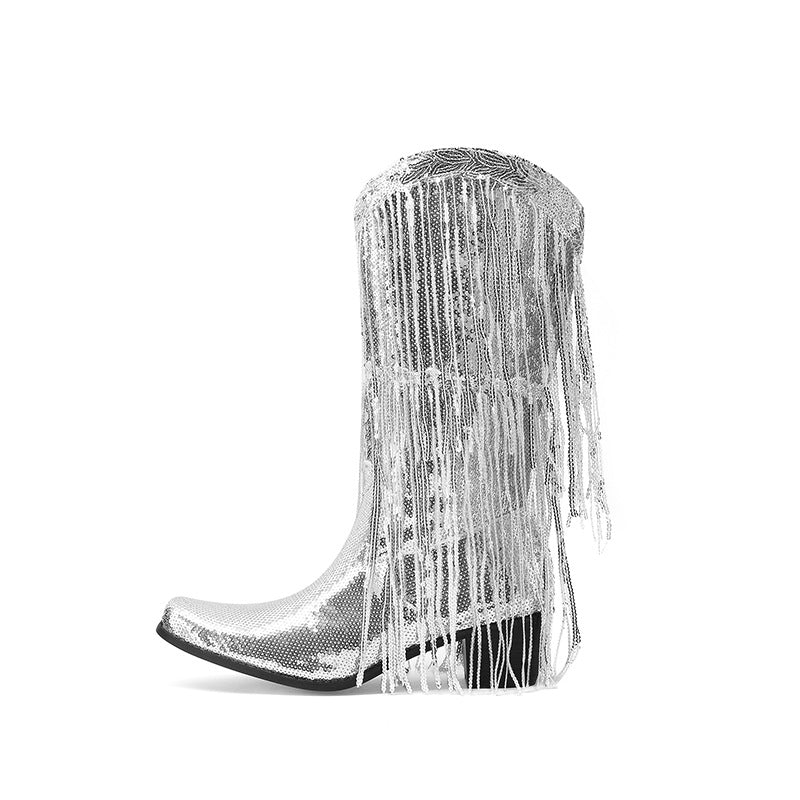 Pre Order:  Curved Toe Sequin Tassel Mid-Calf Cowboy Boots