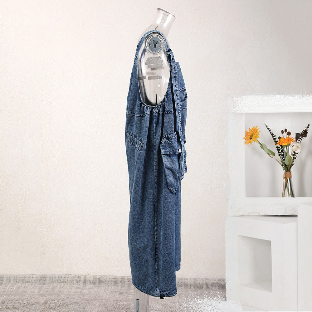 Pre Order:  Large Pockets Denim Jumpsuit Pants