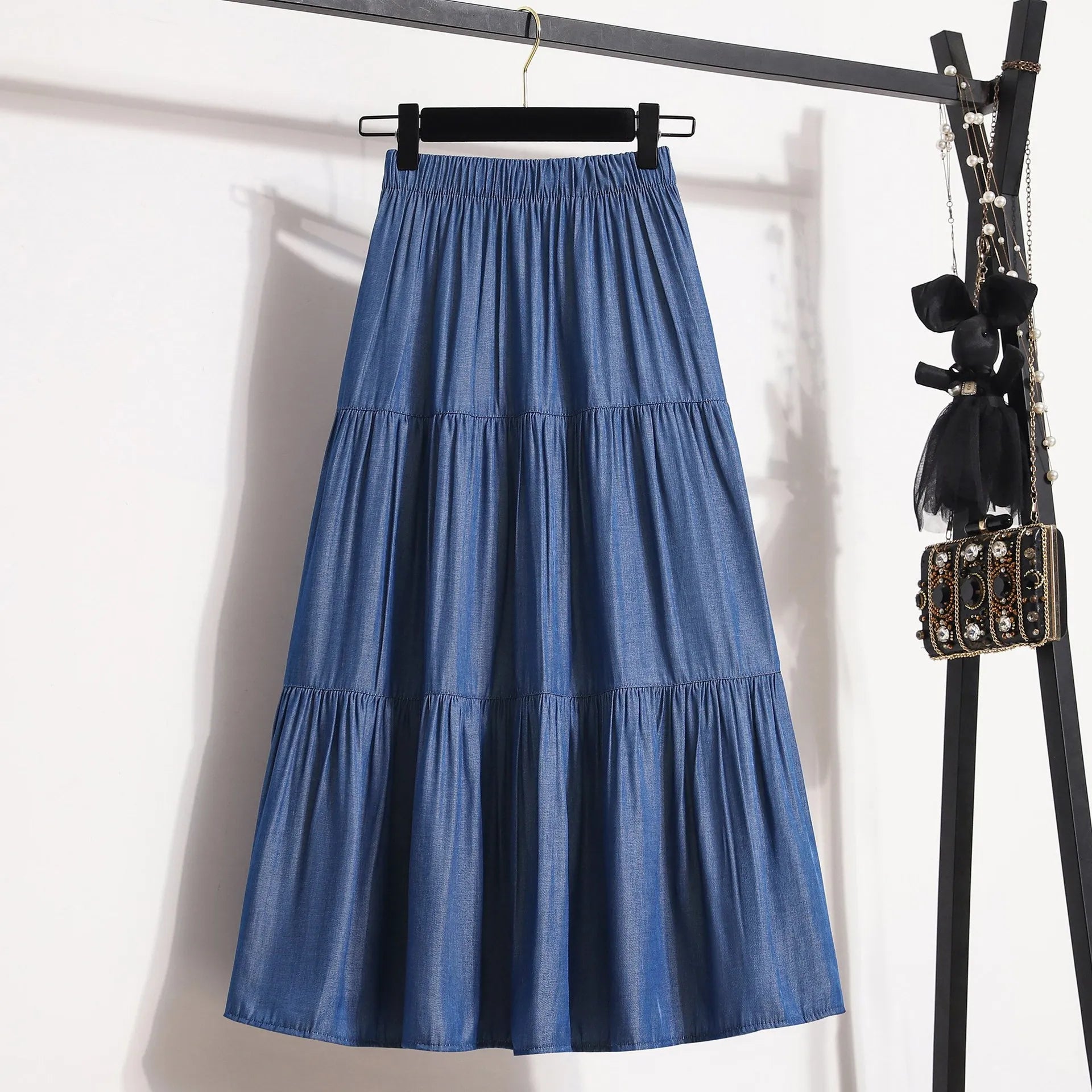 Pre Order:  Patchwork Denim Pleated A-Line Skirt