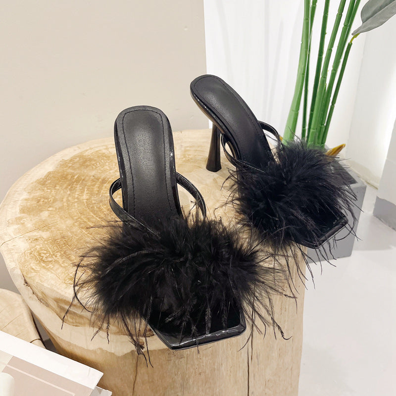 Pre Order:  Feather Square Toe Stiletto Mule Sandals