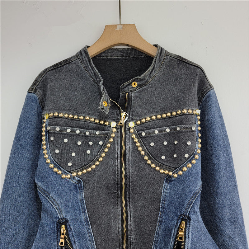 Pre Order:  Diamond Embedded Bead Long Sleeve Elastic Denim Slim Jacket