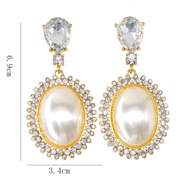 Big Oval Pearl Crystal Long Drop Earrings