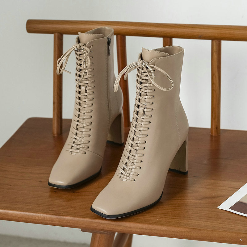 Square Head Cross Strap Ankle Boots