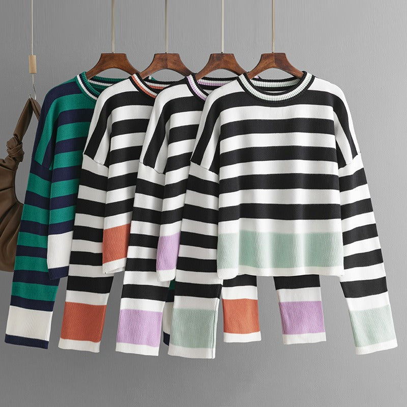 Pre Order:  Casual Striped Long Sleeved Round Neck Knitted Sweater