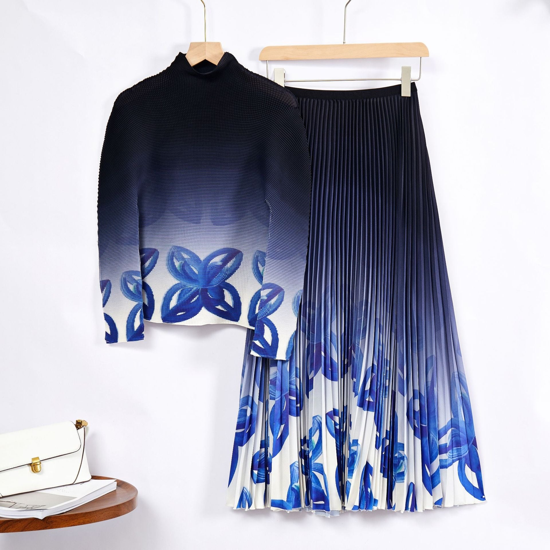 Pre Order:  Contrast Floral Pleated Top+Skirt Set