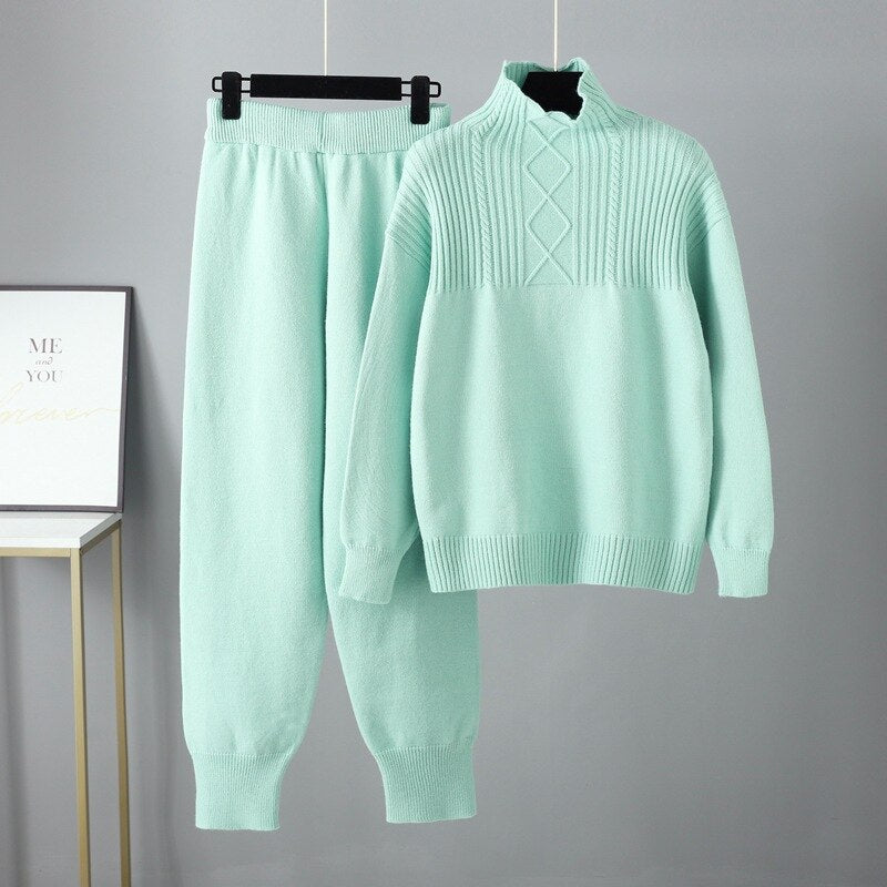 Pre Order:  Solid Long Sleeve Knit Sweater + Loose Pants Set