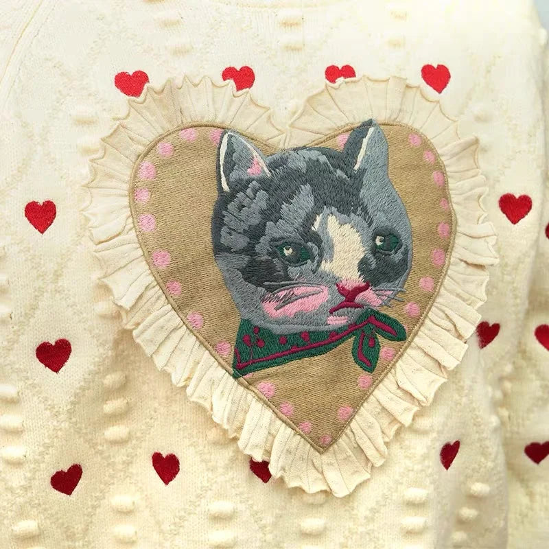 Pre Order:  Cat Heart Jacquard Long Sleeve Knit Sweater