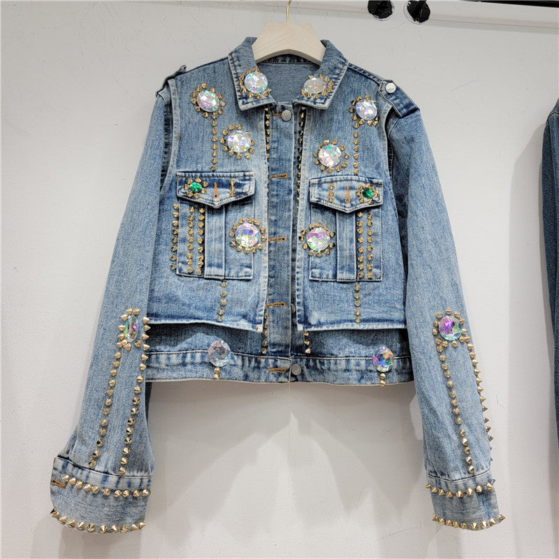 Pre Order:  Handmade Rhinestone Rivet Slim Fit Short Denim Jacket