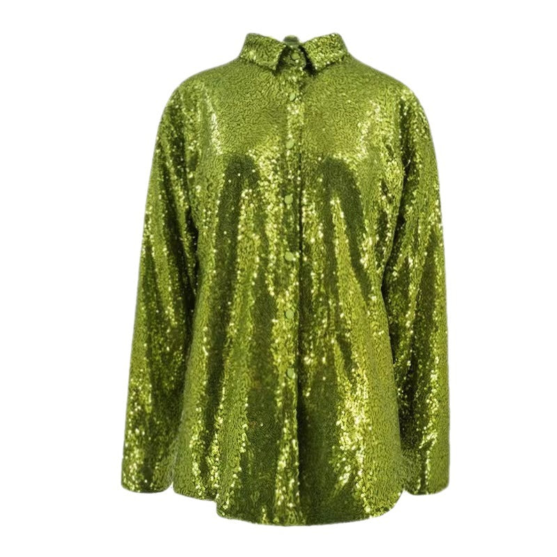Green Sequined Turn-Down-Collar Long Sleeve Top