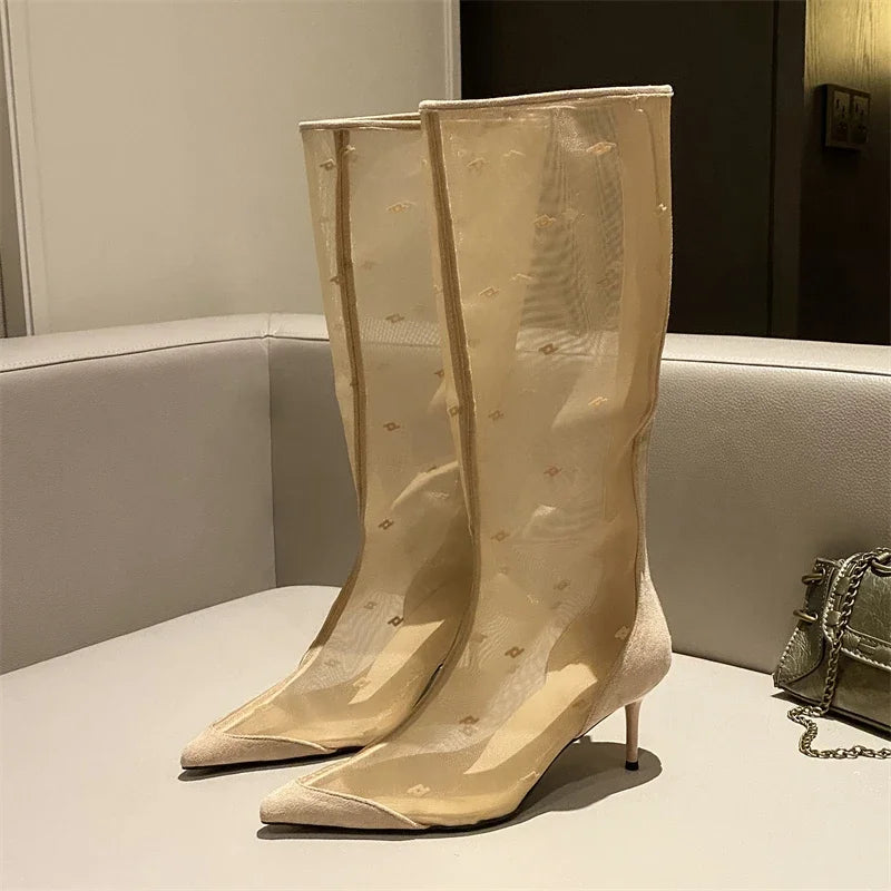 Mesh Knee-High Thin Heels Pointed Toe Boots