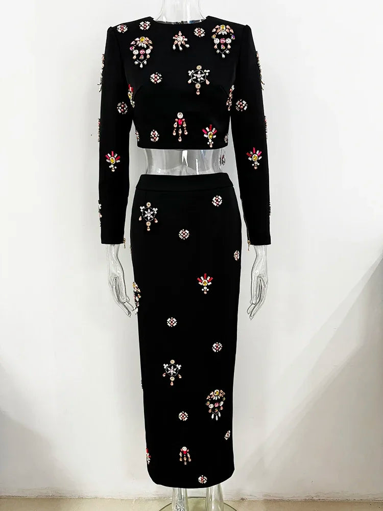 Pre Order: Flower Diamond Inlaid Short Top + Midi Skirt Set