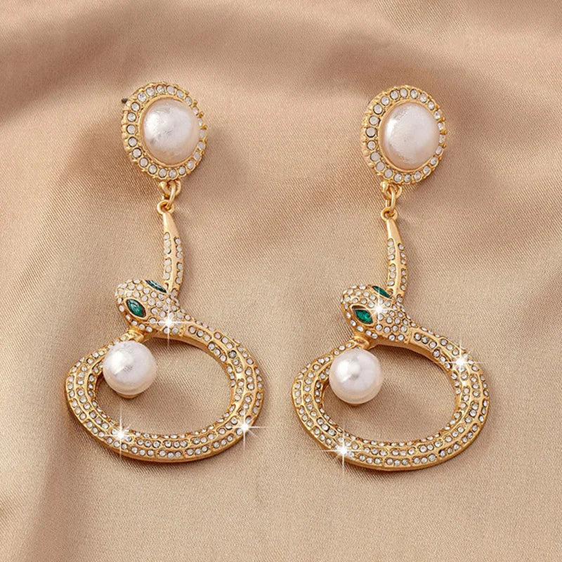 Pre Order:  Snake Shaped Pearl Diamond Inlaid Earrings