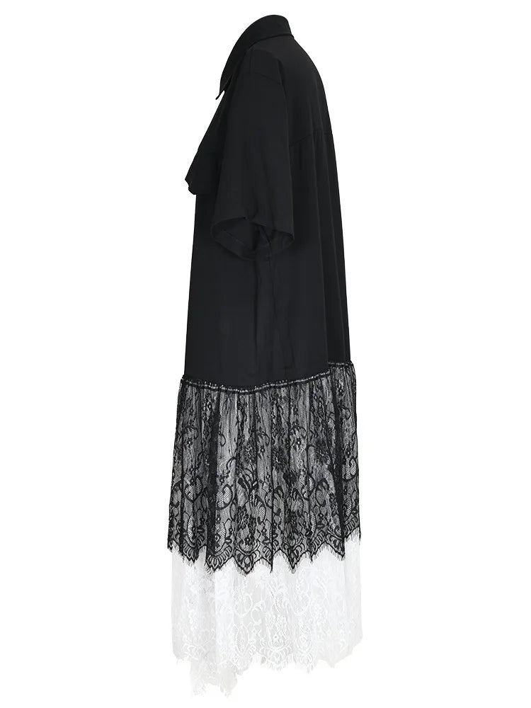 Pre Order:  Black Button Down Lace Pleated Dress