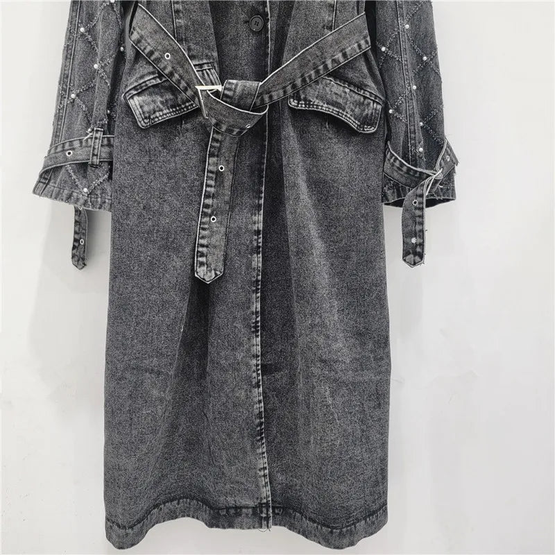 Pre Order:  Lace Up Denim Pearl Trench Coat