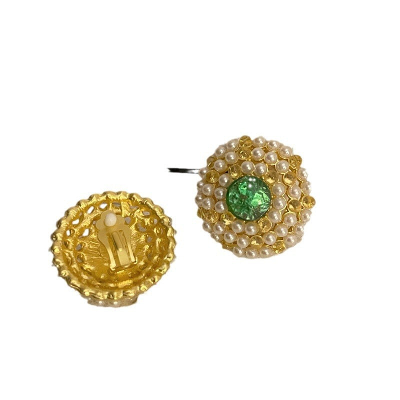 Large Round Pearl Green Stone Earrings