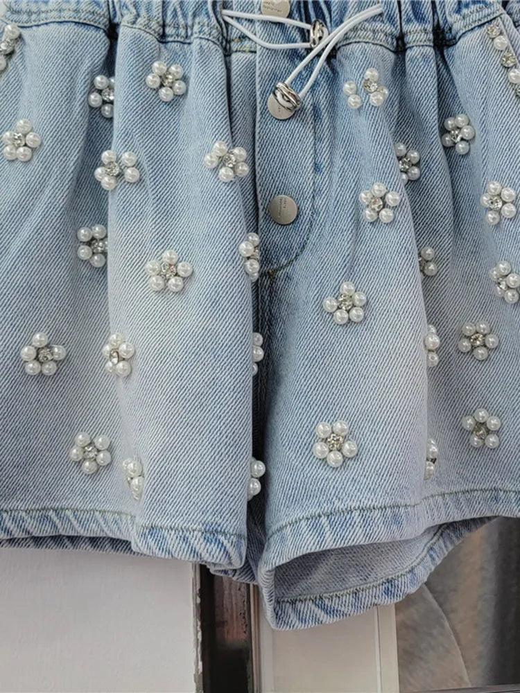 Pre Order:  Flower Diamond Studded High Waist Wide Leg Denim Shorts