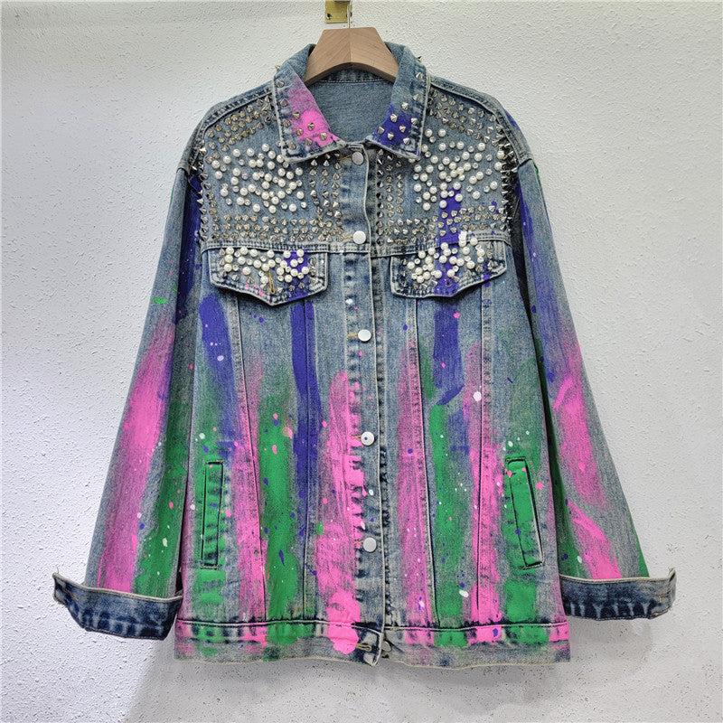 Pre Order: Denim Studded Half Painted Loose Jacket