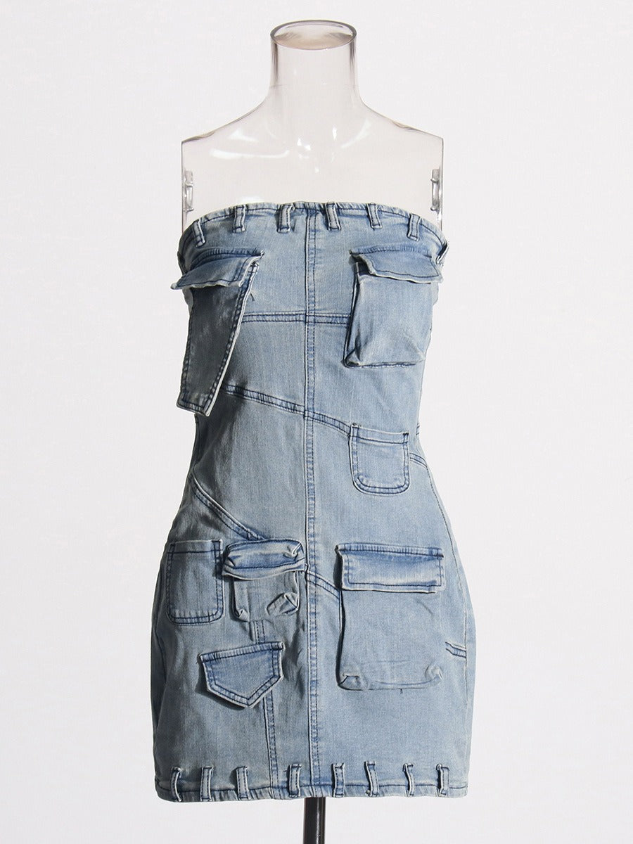 Pre Order: Multi Pocket Strapless Slim Fit Mini Denim Dress