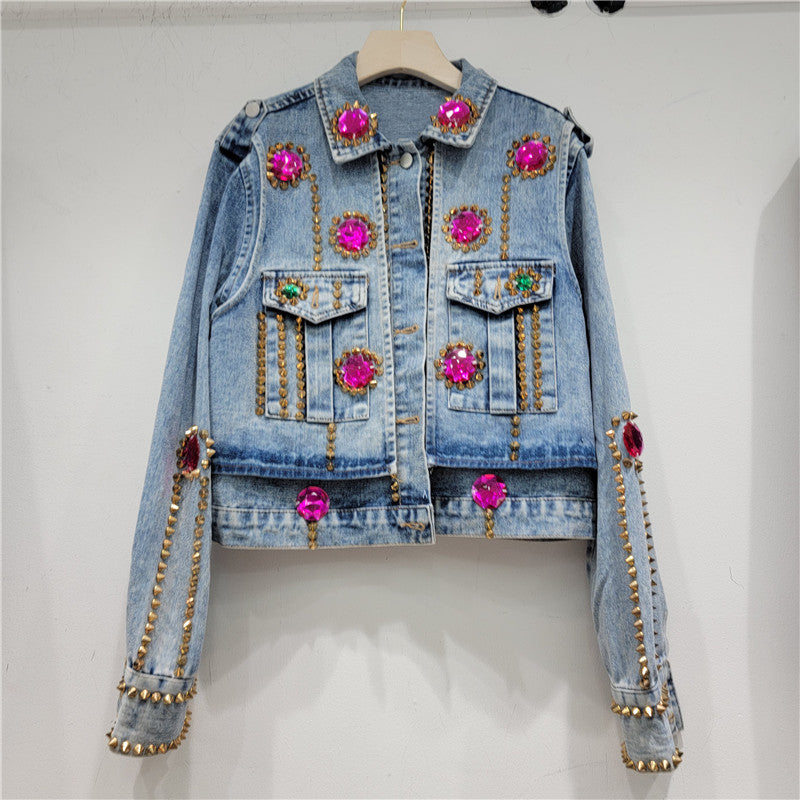 Pre Order:  Handmade Rhinestone Rivet Slim Fit Short Denim Jacket