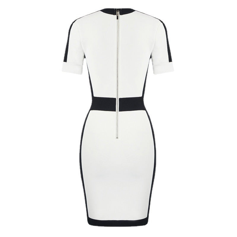 V-Neck Patchwork One Line Button Bodycon Dress