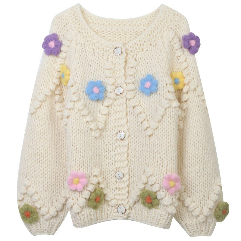 Diamond Hook Flower Loose Round Neck Thick Cardigan