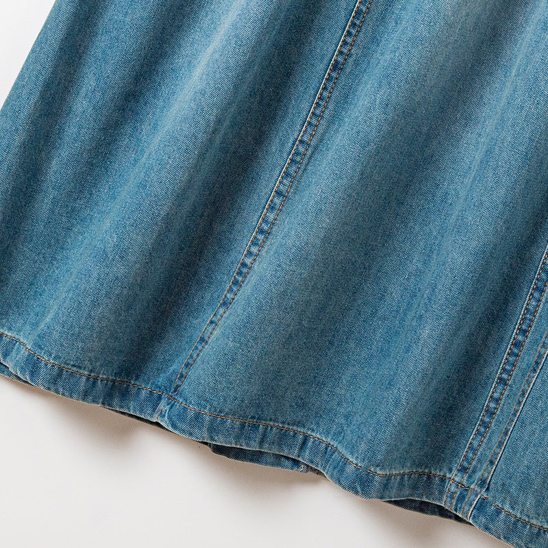 Pre Order: Pocket Single Breasted Denim Shirt + A-Line Denim Skirt Set